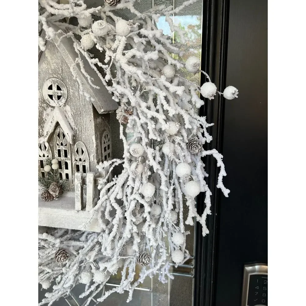 Winter Snow Twig Wreath With Lighted Wooden Church